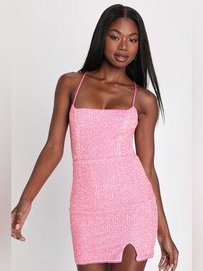 New Lulus Sz Sm Bold Aesthetic Hot Pink Sequin Lace-Up Bodycon Mini Dress